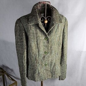 Tweed Blazer Jacket Green Olive with Satin Lining Size 14